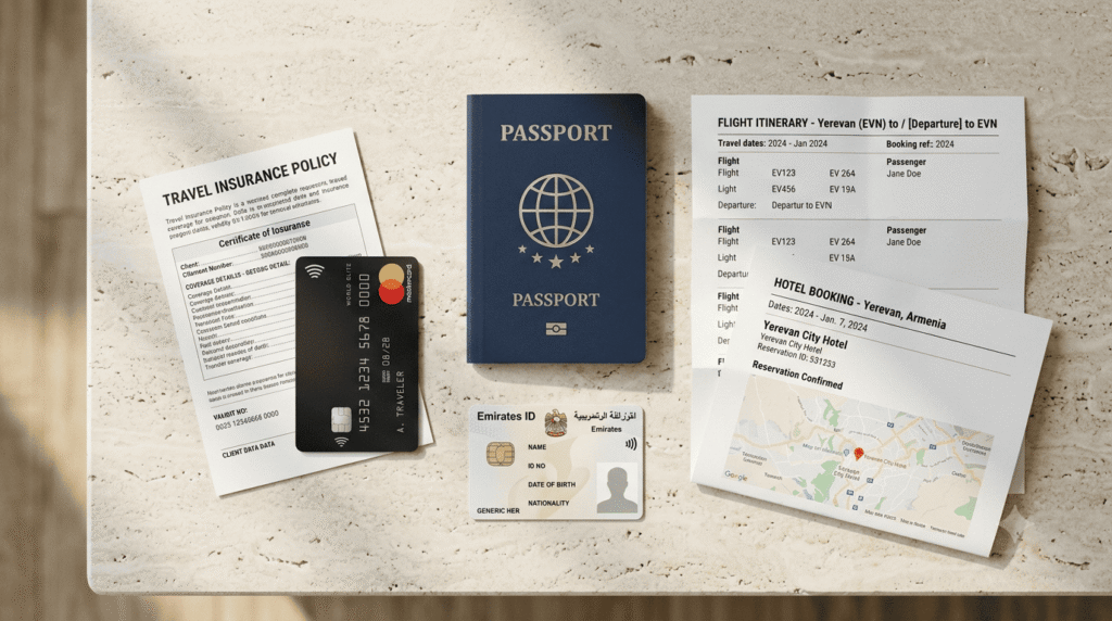 Passport, Emirates ID, return ticket and hotel booking for Armenia travel