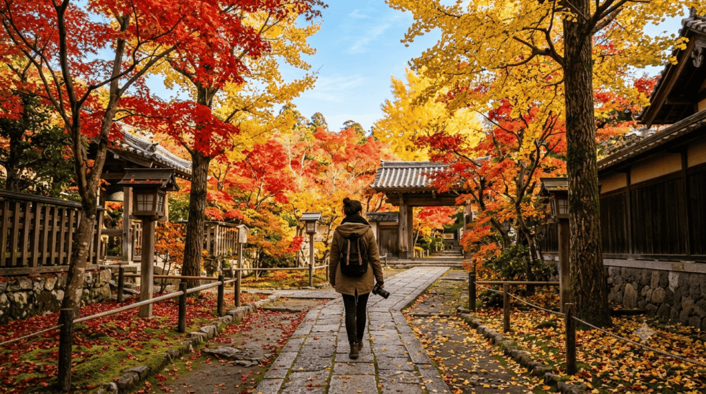 Traveller enjoying pleasant autumn weather at a Japanese temple.