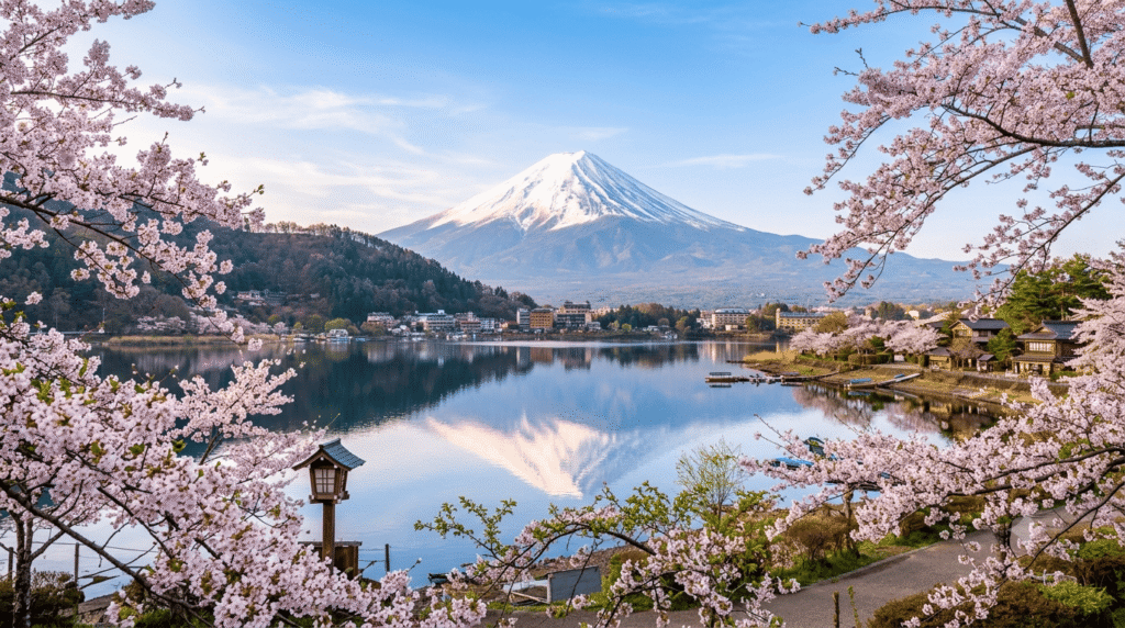 Mount Fuji with cherry blossoms during spring in Japan