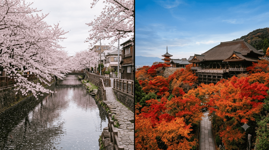 Comparison of cherry blossom season and autumn foliage in Japan.