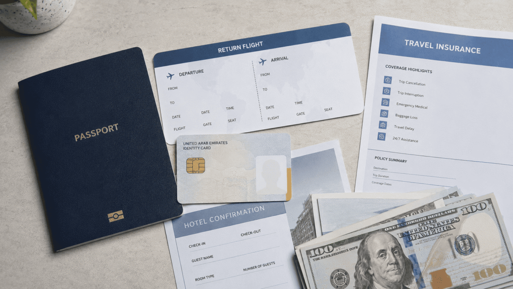 Passport, Emirates ID, hotel booking and return-flight documents for Egypt