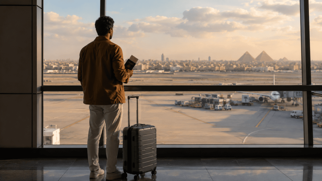 UAE resident holding passport and travel documents with Egypt landmarks in the distance