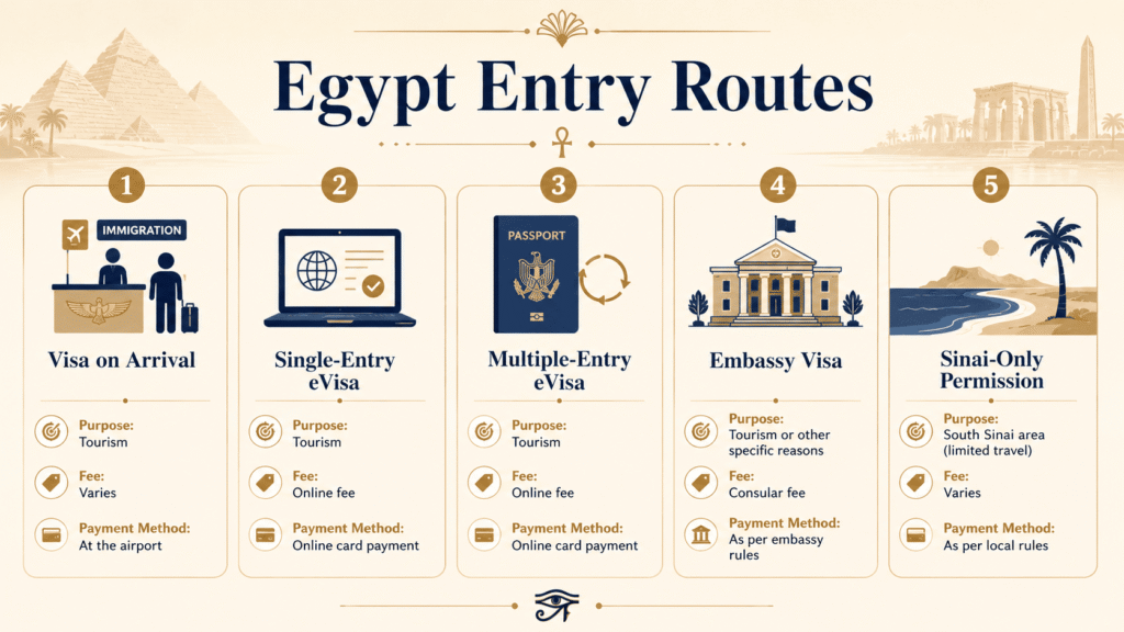 Comparison of Egypt visa on arrival, eVisa, embassy visa and Sinai-only permission