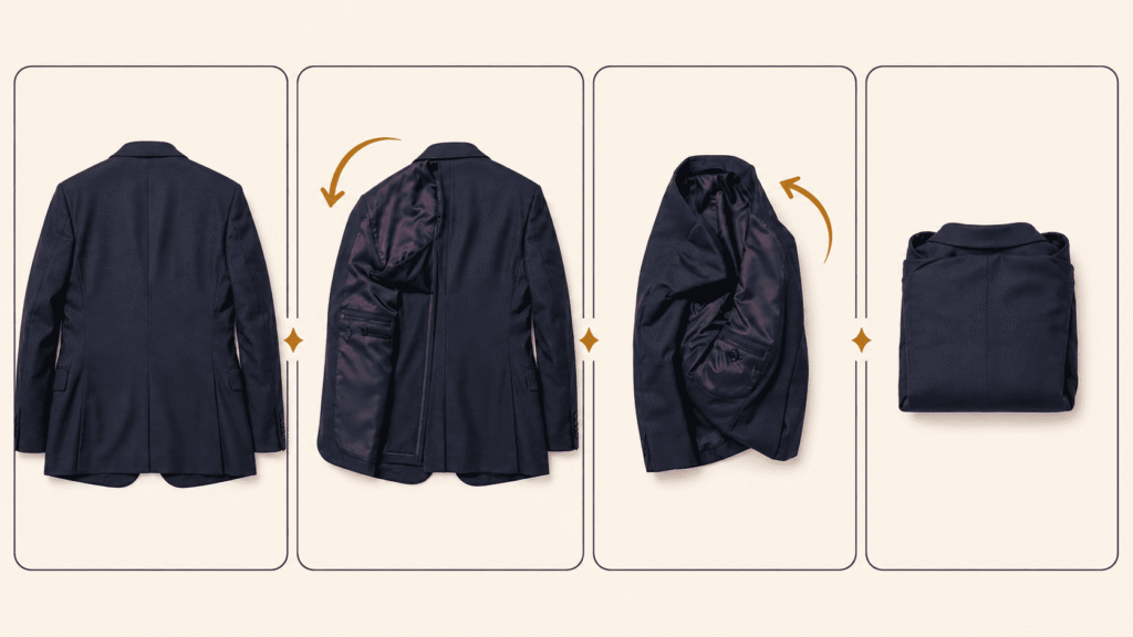 Four-step diagram showing how to fold a suit jacket for travel
