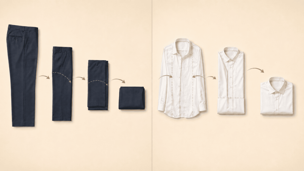 Step-by-step folding of suit trousers and a dress shirt for a suitcase