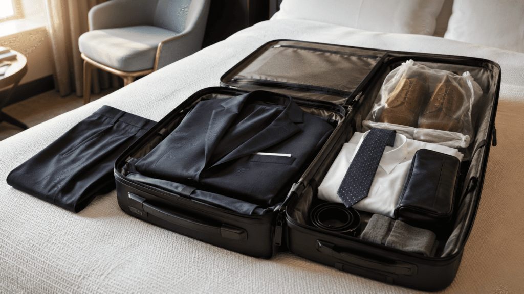 Suit jacket, trousers and dress shirt packed neatly in a carry-on suitcase
