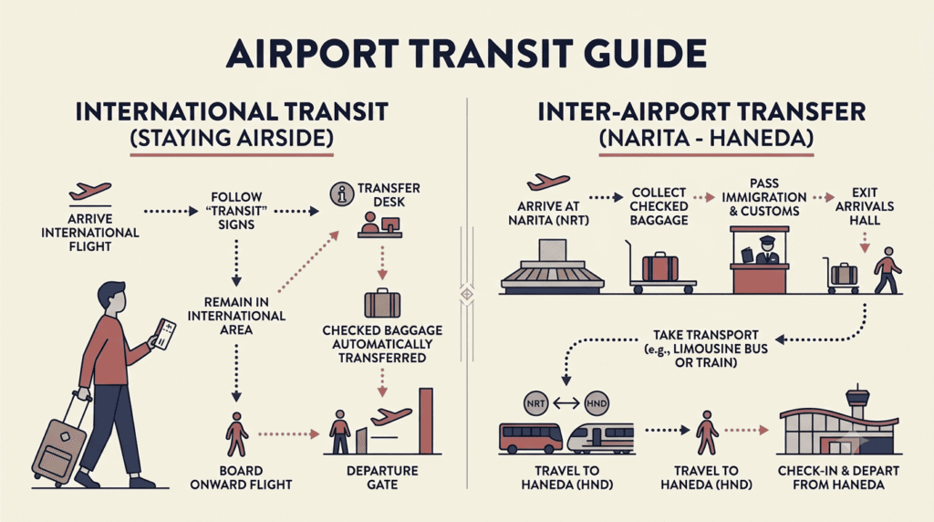 Comparison of airside Japan transit and airport transfers requiring entry permission