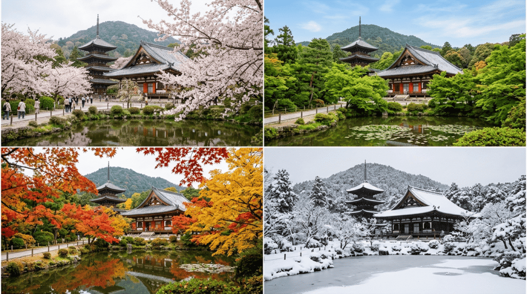 Four seasonal views of Japan showing spring, summer, autumn and winter.
