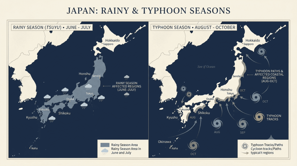 Map of Japan highlighting rainy season and typhoon season