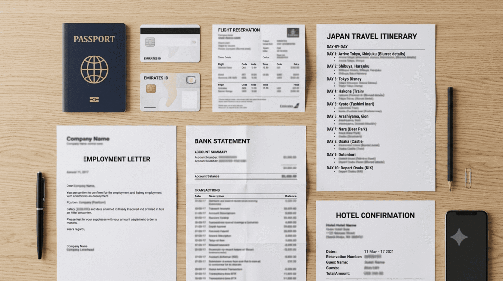 Passport, Emirates ID, bank statement, employment letter and Japan itinerary
