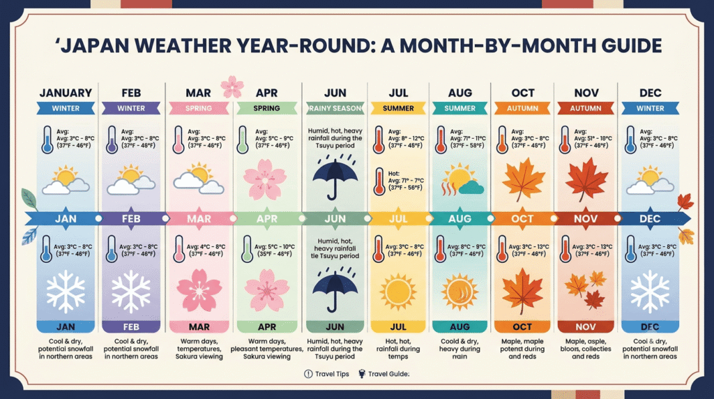 Illustrated month-by-month weather timeline for Japan.