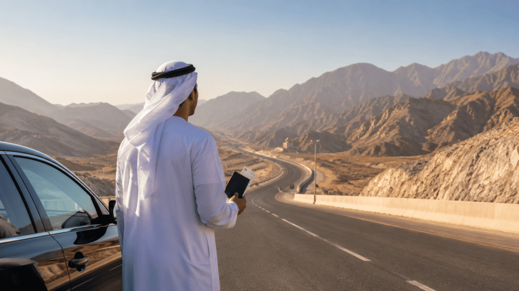 UAE resident preparing for a journey to Oman with passport and travel documents