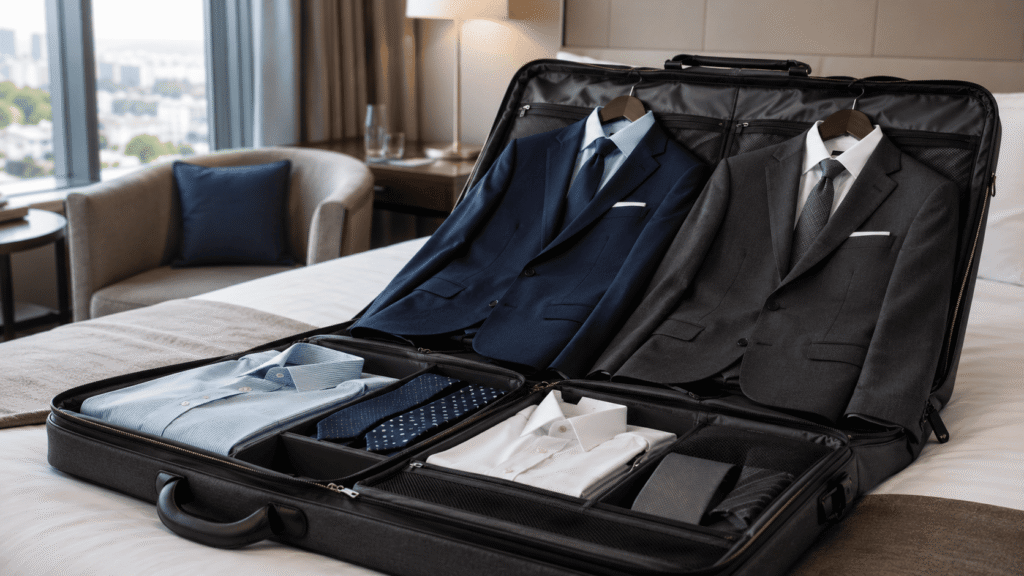 Two business suits arranged carefully inside a large garment bag
