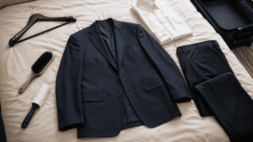 Suit jacket being brushed and prepared on a flat surface before packing
