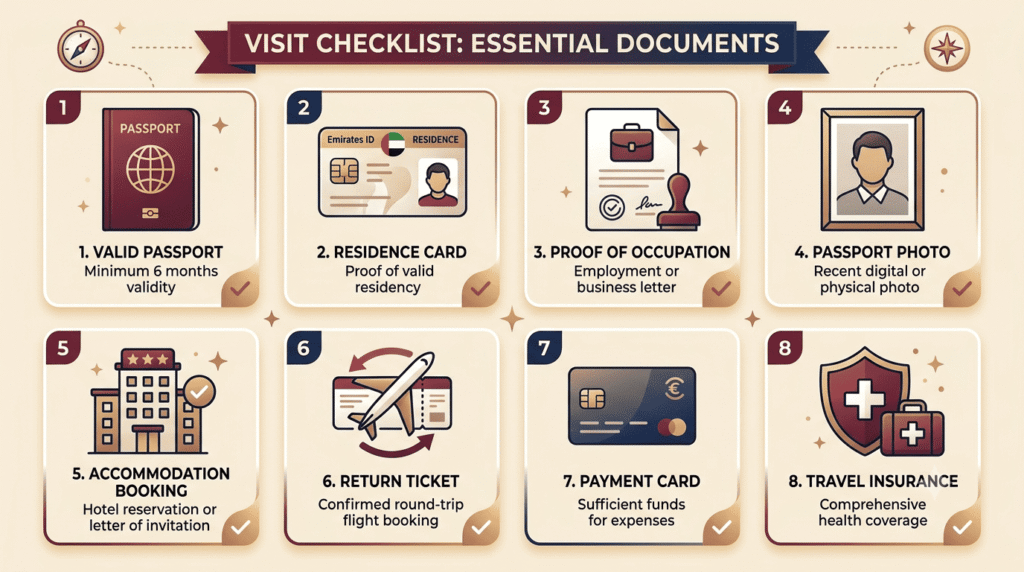 Passport, Emirates ID, photograph and accommodation documents for Hayya A2