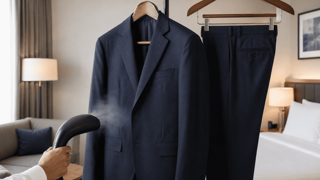 Navy suit jacket hanging in a hotel room while wrinkles are removed with steam
