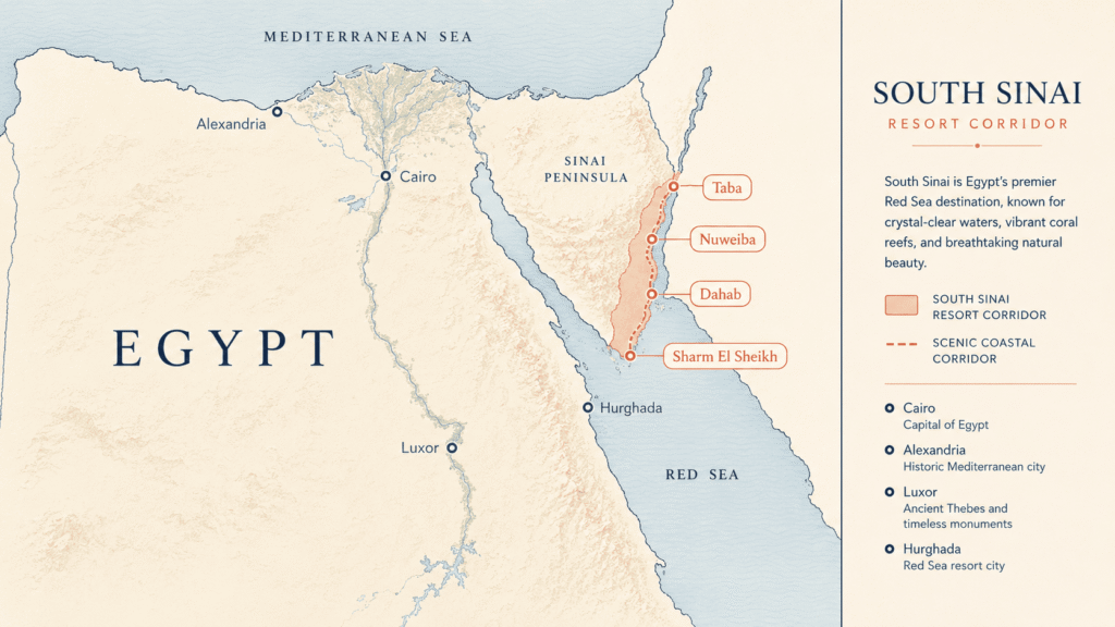 Map showing Sharm El Sheikh, Dahab, Nuweiba and Taba in South Sinai