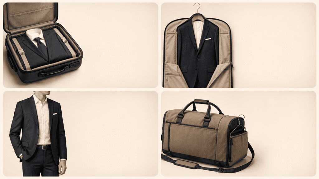 Comparison of suitcase, garment bag and worn suit travel methods