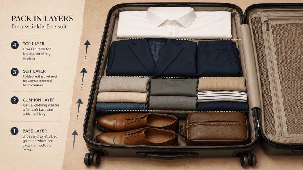 Cutaway diagram showing shoes below clothing and a folded suit near the top