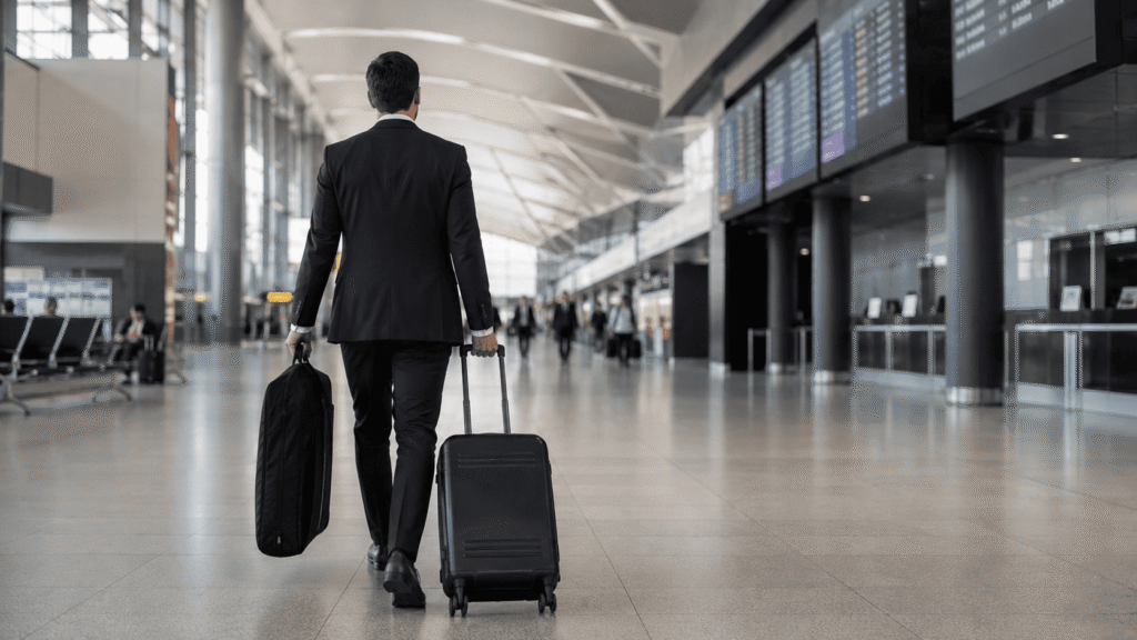 Business traveller carrying a garment bag and cabin suitcase through an airport