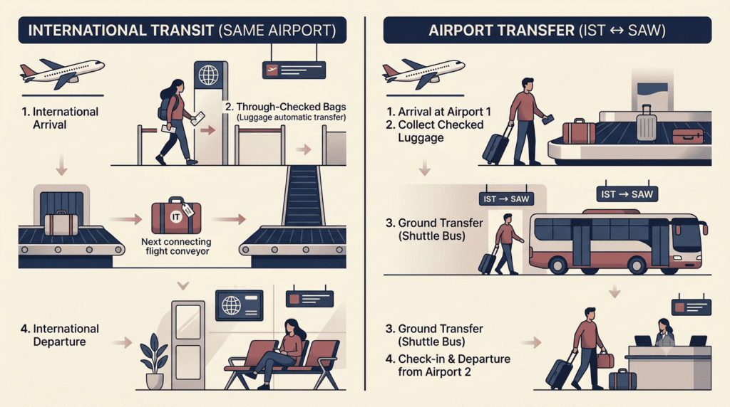 Comparison of airside transit and airport transfers requiring entry into Türkiye