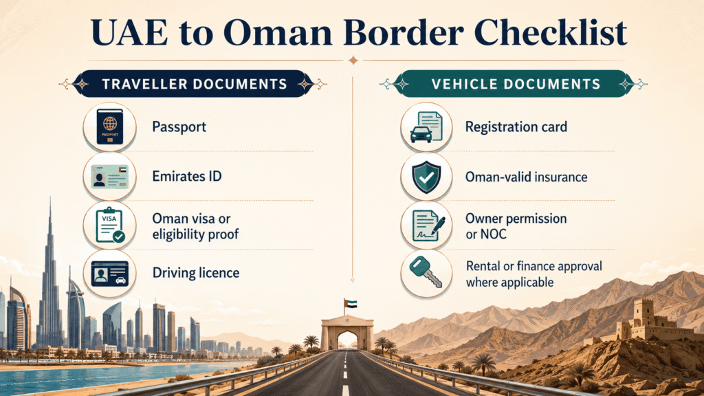 Traveller and vehicle documents commonly needed when driving from the UAE to Oman