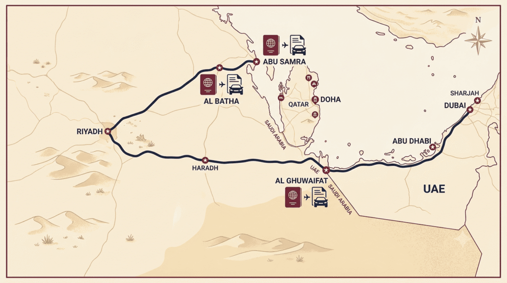 Road route from the UAE to Qatar through Saudi Arabia and Abu Samra border