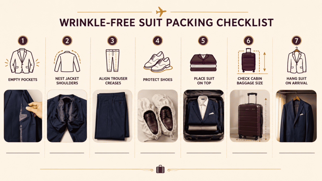 Visual checklist for packing a suit without wrinkles