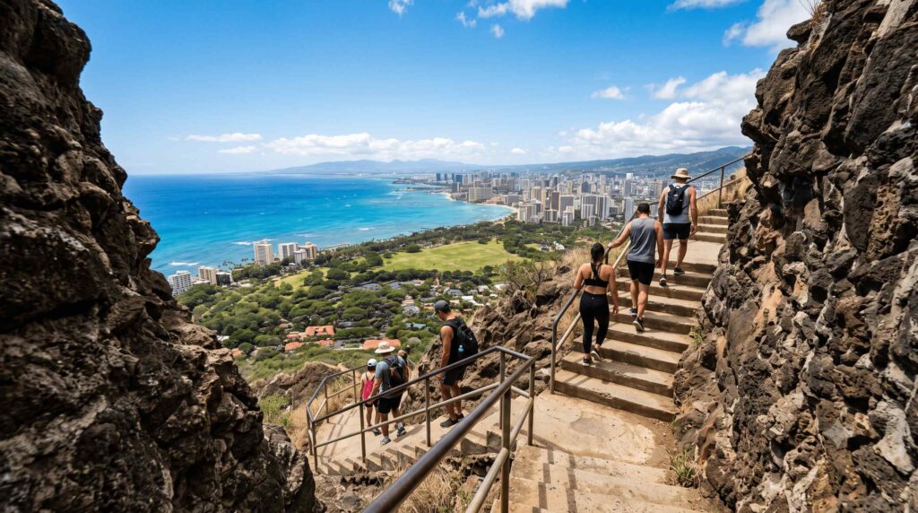 Hikers climbing the Diamond Head crater trail with Honolulu and the ocean in the background