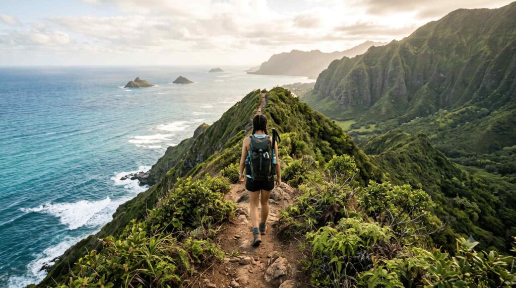 Hiker on an Oahu coastal trail with ocean and mountain views