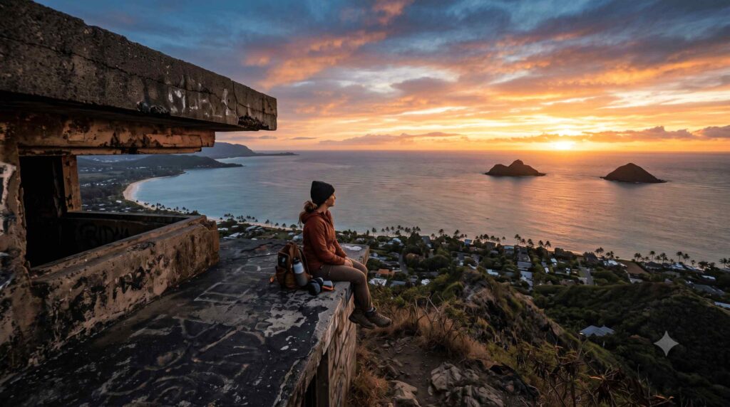 Colorful sunrise viewed from a pillbox hike in Kailua, Oahu with islands in the distance