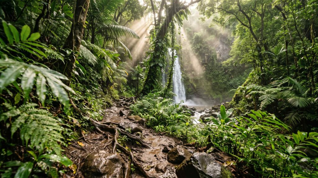 Lush green hiking trail through Oahu jungle with waterfall in the distance