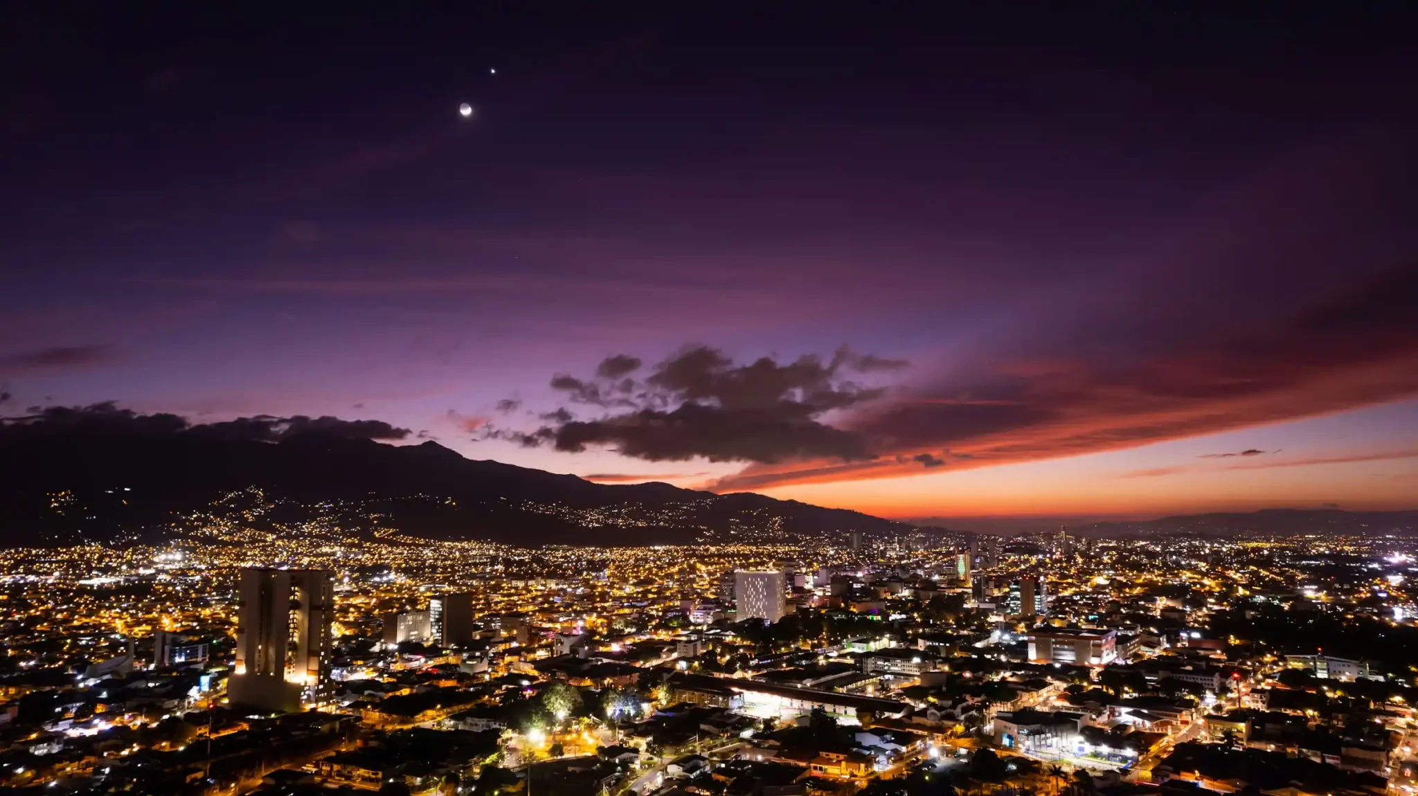 San Jose Costa Rica city lights at dusk in December
