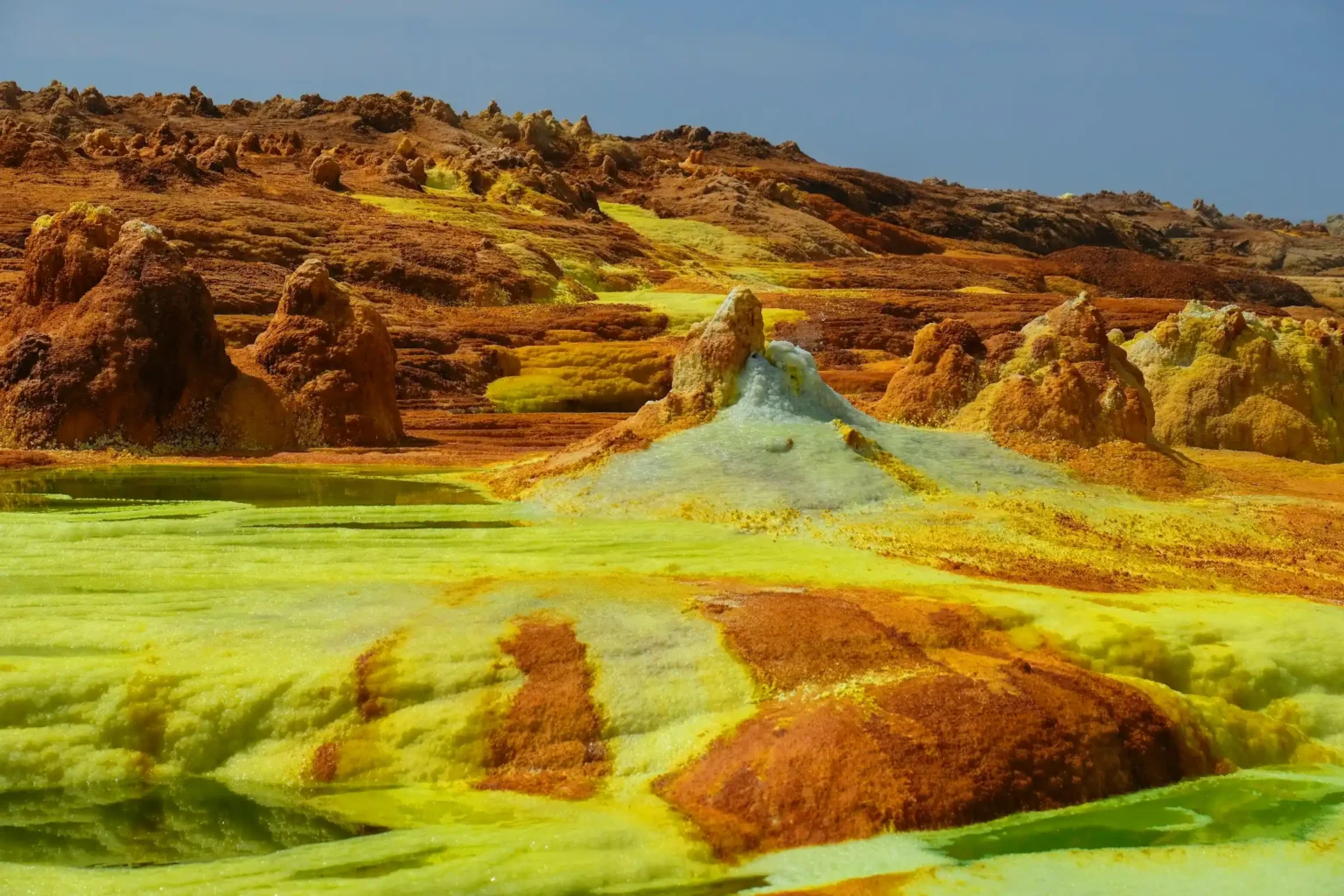 Yellow and green acid springs of Dallol in the Danakil Depression, Ethiopia