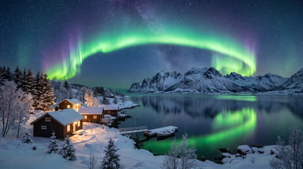 Green and violet aurora borealis over a snowy Arctic fjord at night