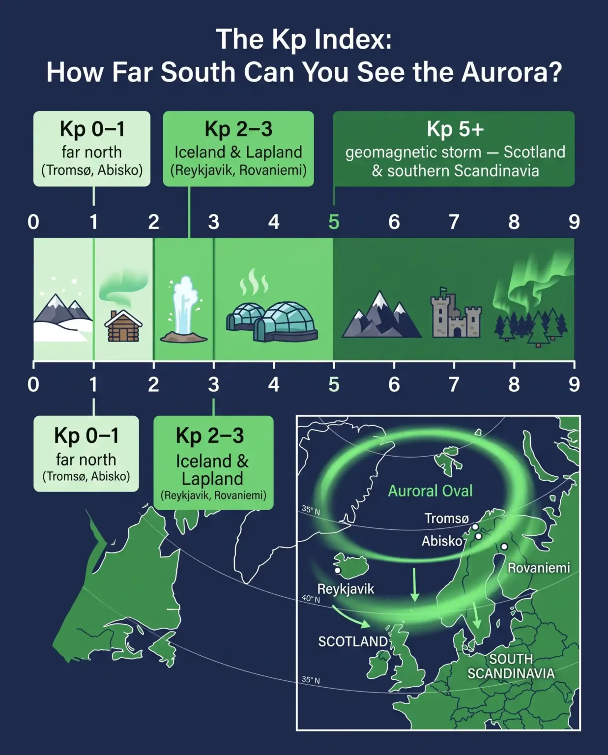 Infographic of the Kp index scale showing how far south the aurora is visible at each level