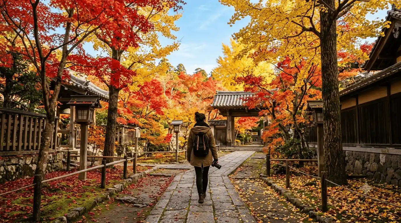Traveller enjoying pleasant autumn weather at a Japanese temple.
