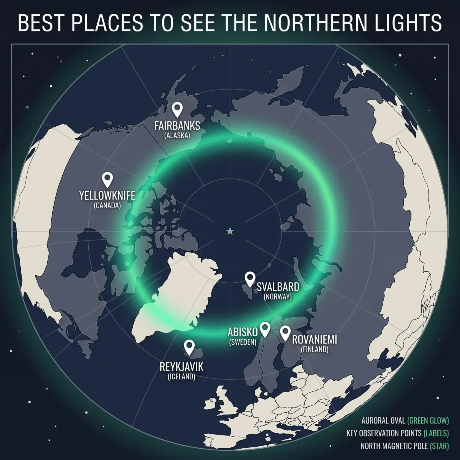 Map of the best places to see the northern lights, showing the auroral oval and top viewing towns