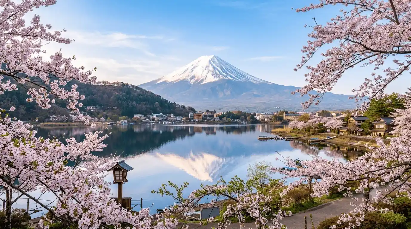 Mount Fuji with cherry blossoms during spring in Japan