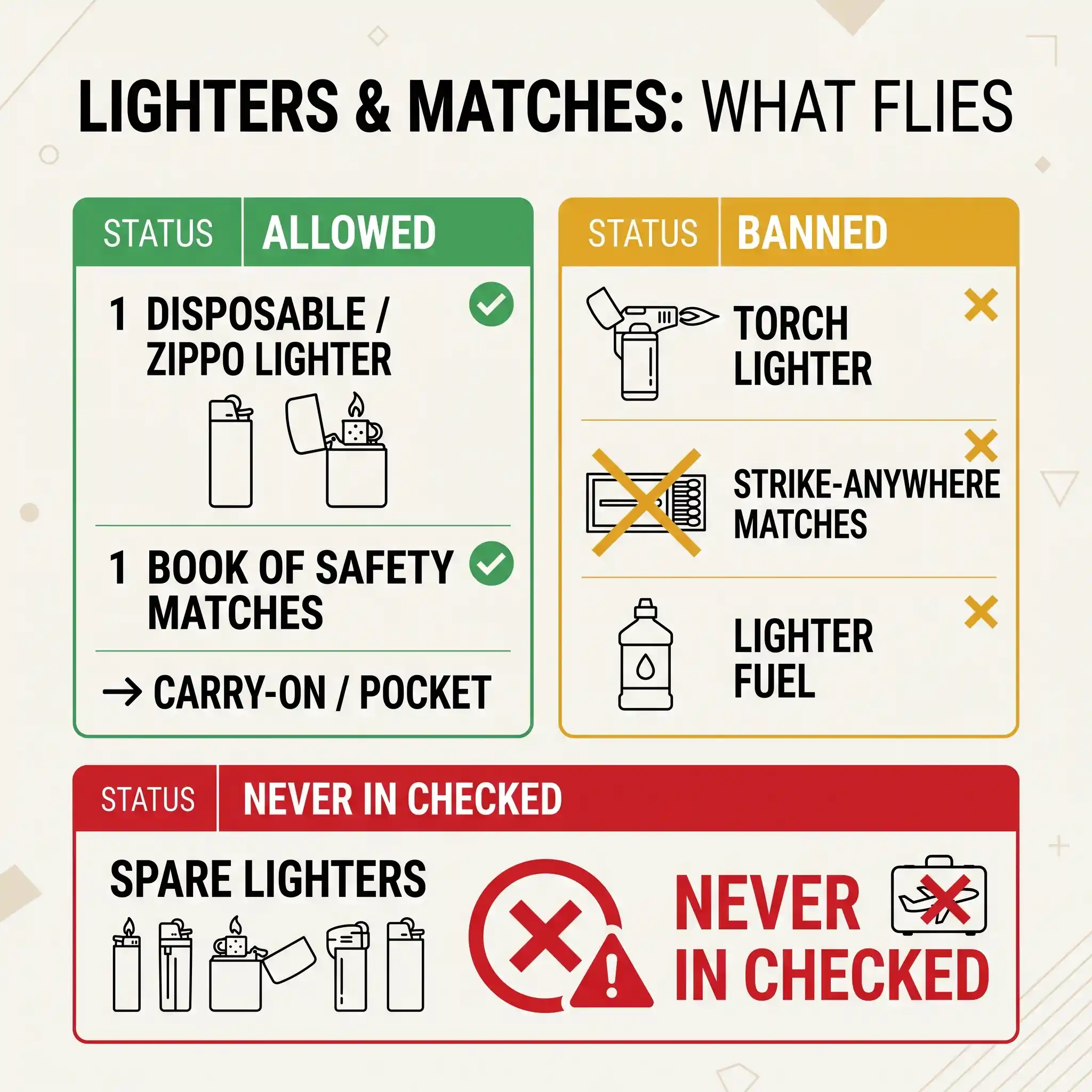 Infographic of TSA lighter and match rules: what is allowed, banned and never in checked bags