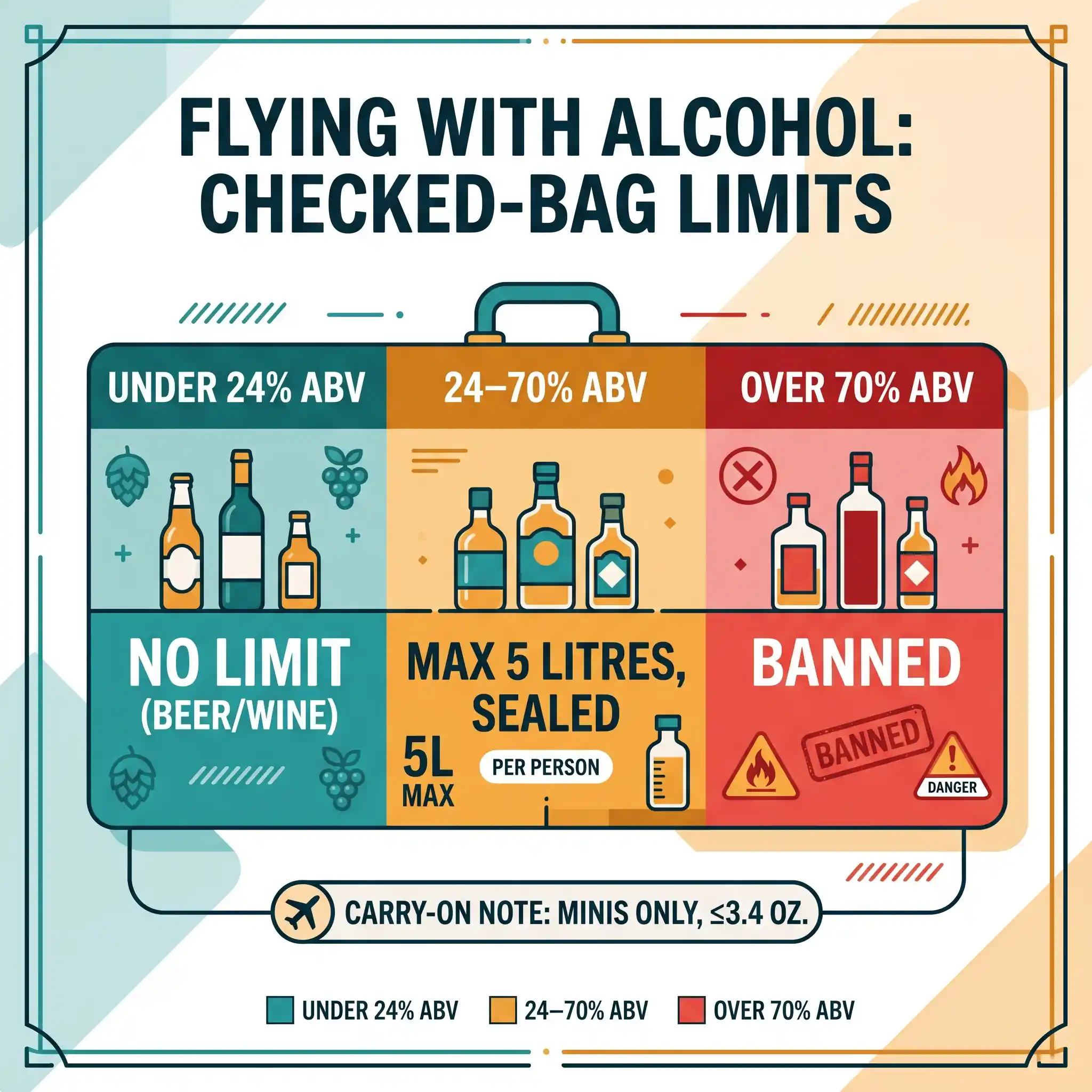 Infographic of checked-bag alcohol limits by ABV: under 24% unlimited, 24 to 70% max 5 litres, over 70% banned