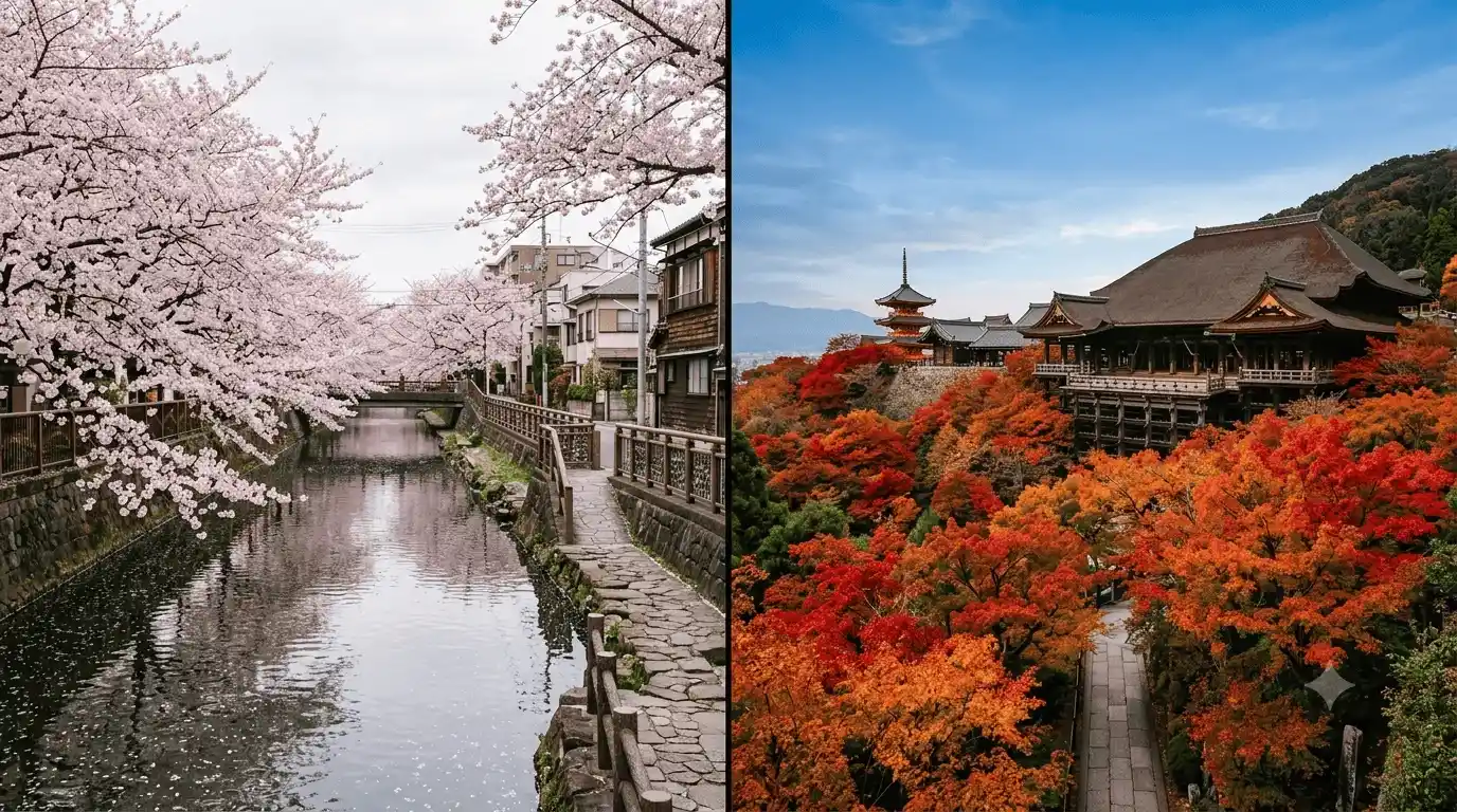 Comparison of cherry blossom season and autumn foliage in Japan.