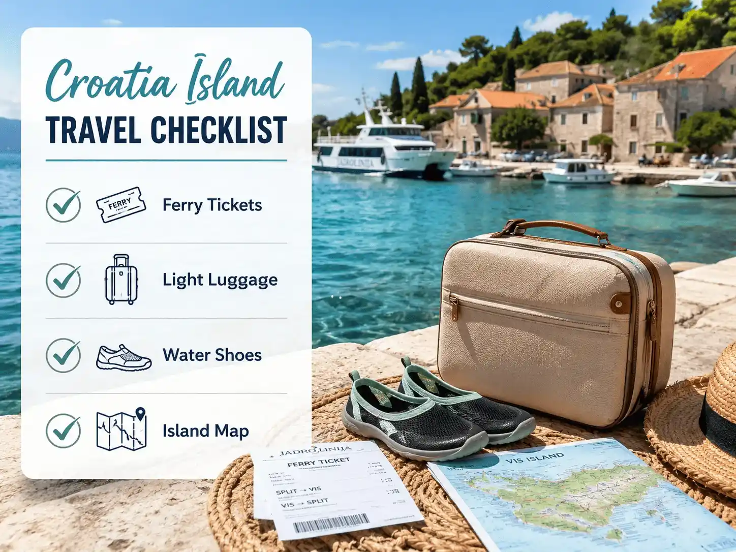 Ferry tickets, light luggage, water shoes and island map for Croatia