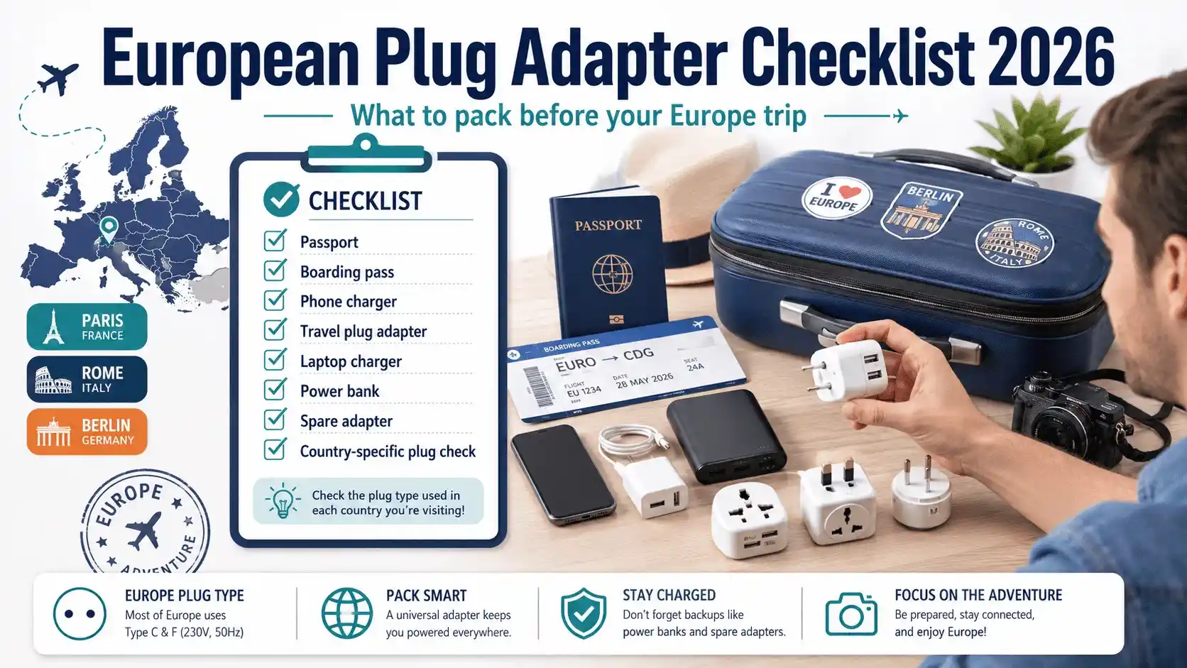 Checklist infographic for choosing a European travel plug adapter