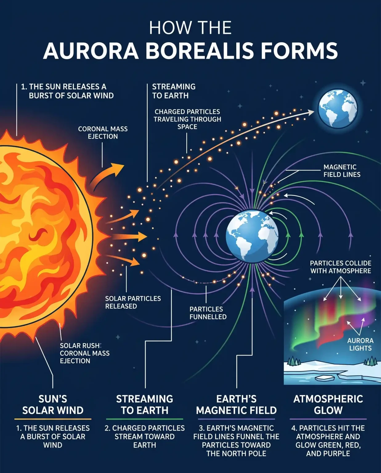 Diagram showing how the aurora borealis forms, from solar wind to glowing gases over the North Pole