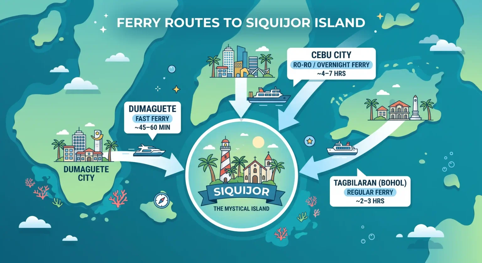 Infographic of ferry routes to Siquijor: fast ferry from Dumaguete in 45 to 60 minutes, from Cebu City in 4 to 7 hours, and from Tagbilaran in Bohol in 2 to 3 hours