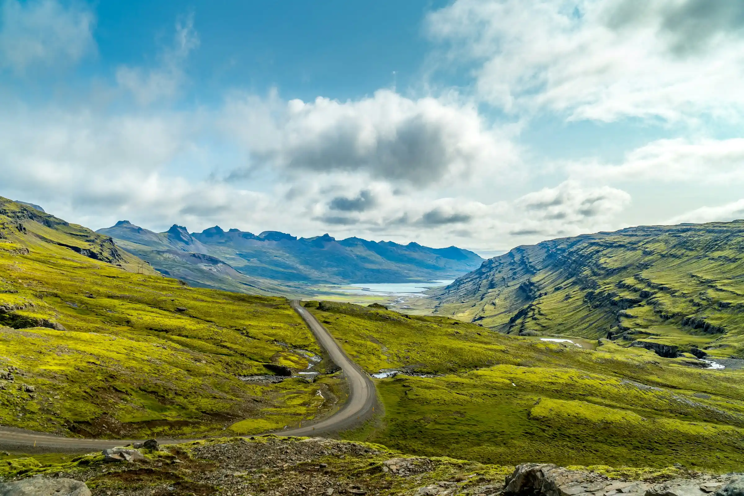 Scenic Icelandic landscape along the Ring Road with rolling green hills