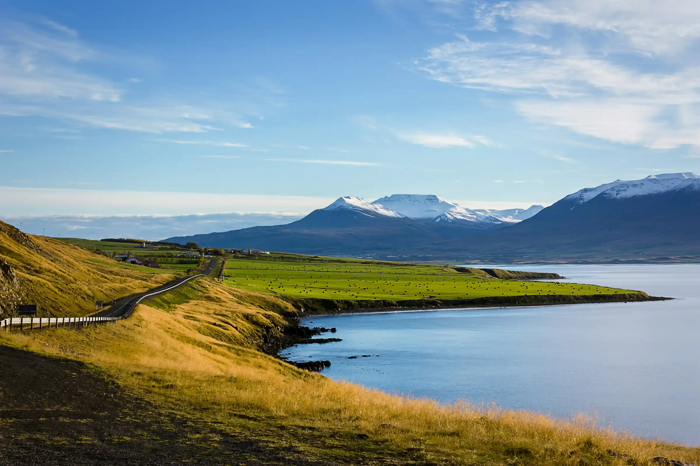 Icelandic fjord landscape with calm waters and mountain reflections