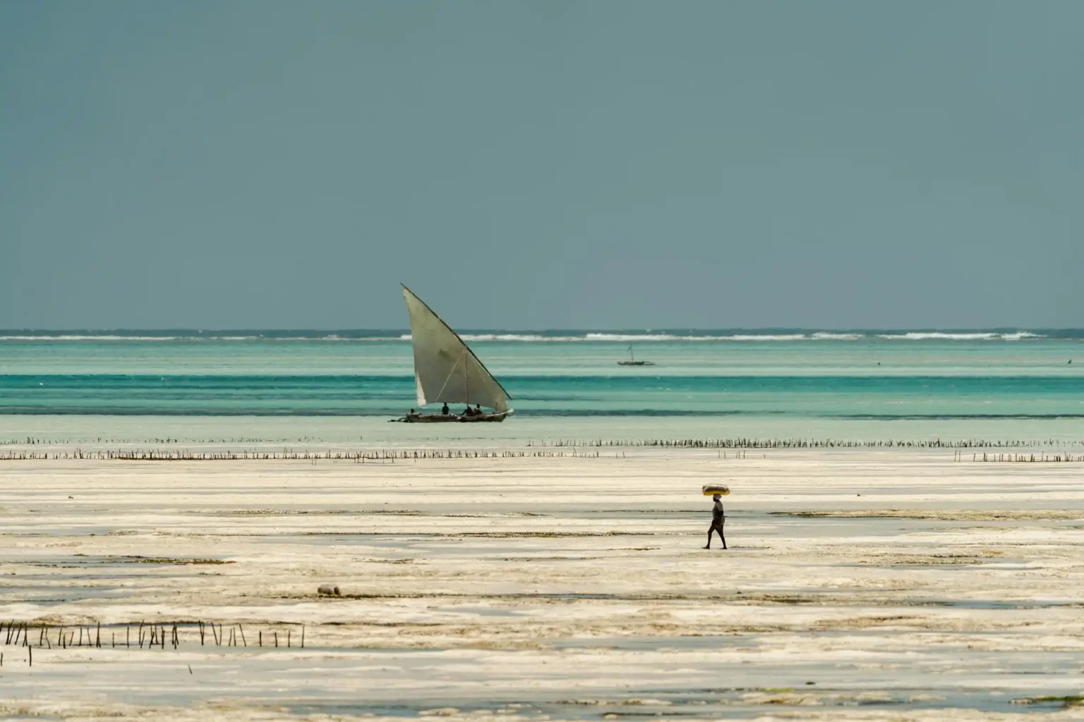 Jambiani Beach in Zanzibar with seaweed farmers working at low tide