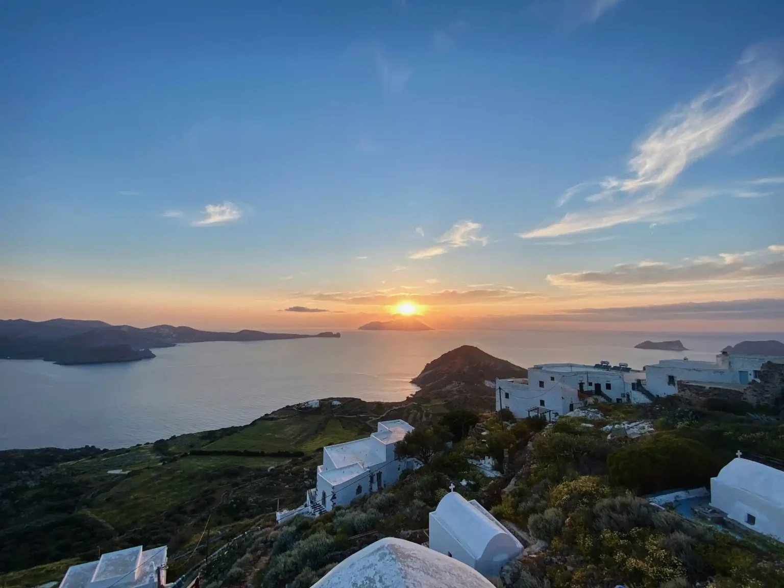 Sunset over the Aegean from the hilltop village of Plaka, Milos